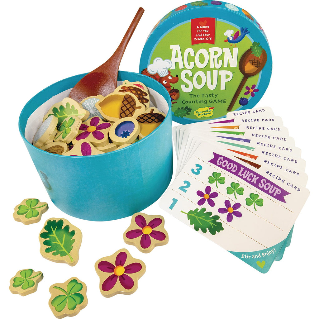 Ayuda a la ardilla a preparar una deliciosa sopa identificando la cantidad de ingredientes que figuran en las tarjetas de recetas y agregando los trozos de madera de los ingredientes a la olla. Cuente, revuelva y sirva la sopa con la cuchara de madera del tamaño de un niño. Este juego de contar sopa de bellota para niños incluye 8 tarjetas de recetas ilustradas grandes, 1 cuchara de madera y 24 piezas de ingredientes de madera.
